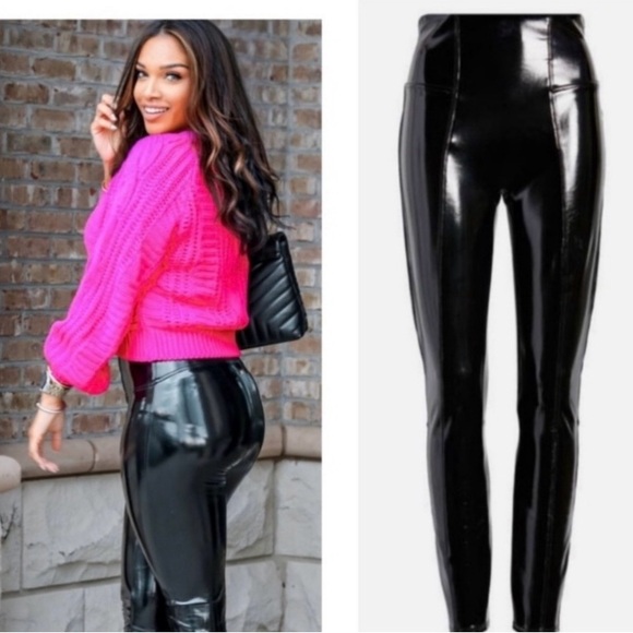 GORG!! LOT OF 2 SPANX FAUX PATENT LEATHER LEGGING MEDIUM M FOREST GREEN BLACK - Picture 8 of 8